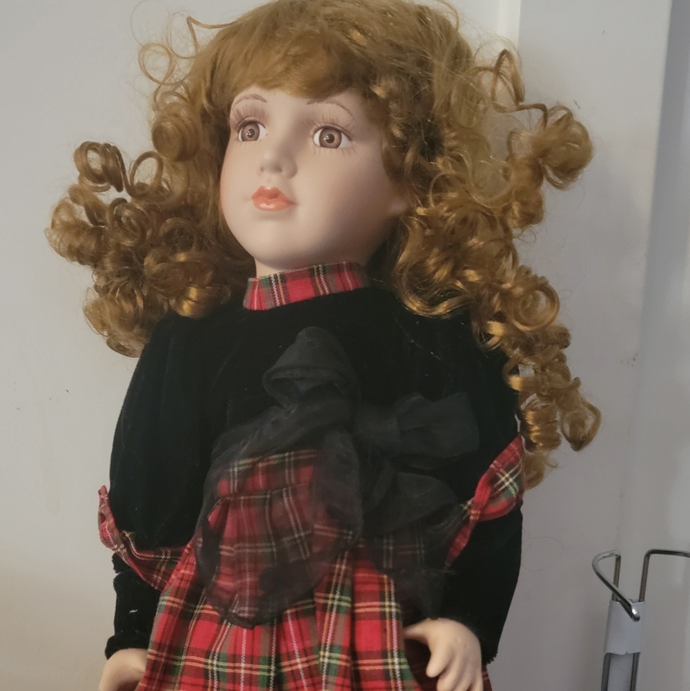 Limited Edition Red Curly Hair Porcelain Doll With Red Plaid Dress